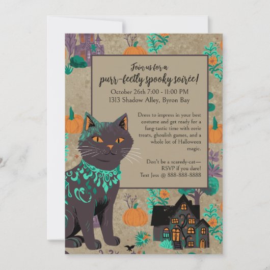 Invitation Chat noir Whimsical Rustique Neutral Vert Hallowee (Devant)