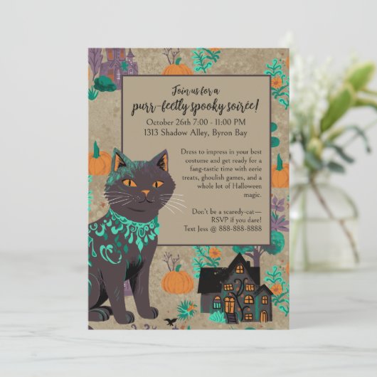 Invitation Chat noir Whimsical Rustique Neutral Vert Hallowee (Debout devant)