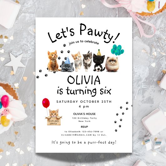 Invitation Chat Purr-fect Anniversaire | Cute Kids Kitten Paw