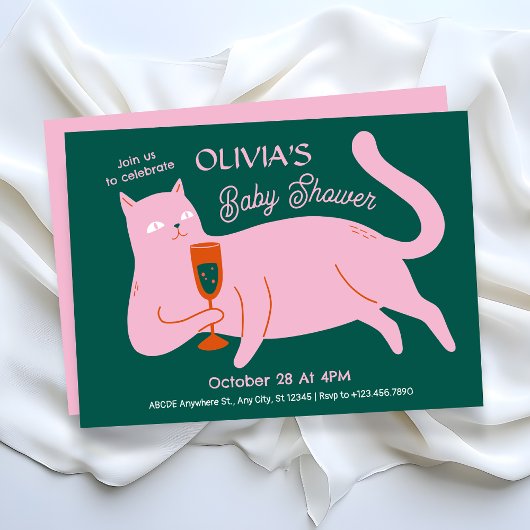 Invitation Chat rose vert mignon baby shower