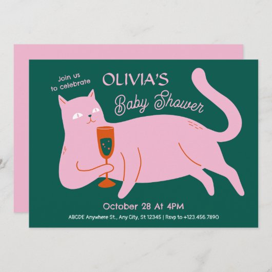 Invitation Chat rose vert mignon baby shower (Devant / Derrière)