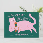 Invitation Chat rose vert mignon baby shower (Debout devant)