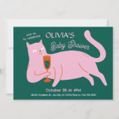 Invitation Chat rose vert mignon baby shower (Devant)