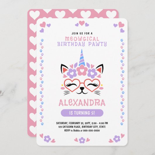 Invitation Chat Unicorn Coeurs rose violet bleu fête d'annive (Devant / Derrière)