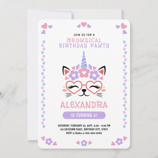 Invitation Chat Unicorn Coeurs rose violet bleu fête d'annive (Devant)