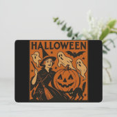 Invitation chat vintage/rétro, fantôme, citrouille & sorcière (Debout devant)