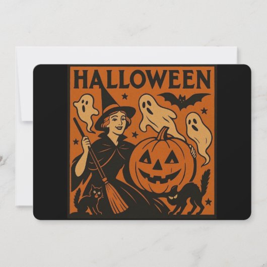 Invitation chat vintage/rétro, fantôme, citrouille & sorcière (Devant)