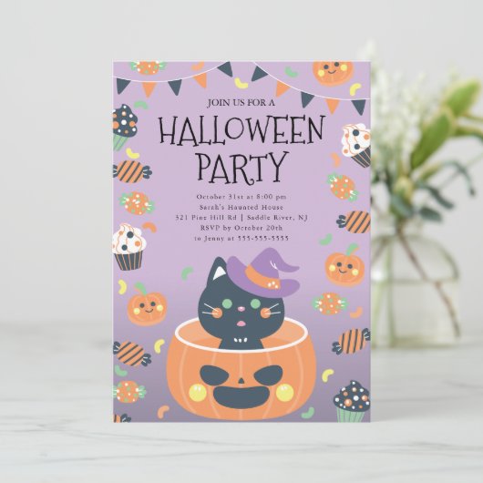 Invitation Chat Whimsical et Halloween Citrouille (Debout devant)