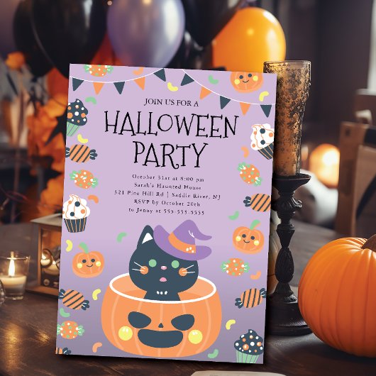 Invitation Chat Whimsical et Halloween Citrouille