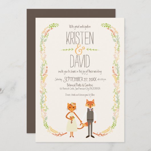 Invitation Chat Whimsland et Fox Couple Mariage (Devant / Derrière)