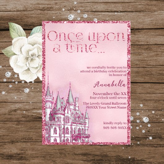 Invitation Château à Paillettes Roses Thème de Conte de Fées