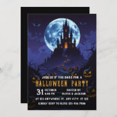 Invitation Château Avec Lune, Halloween Citrouille (Devant / Derrière)