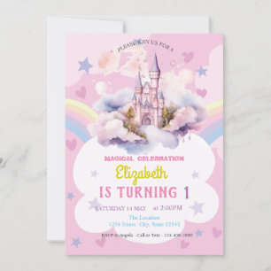 Invitation Château coeurs arc-en-ciel étoiles Anniversaire