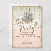 Invitation Château de conte de fées à paillettes dorées Anniv (Devant)