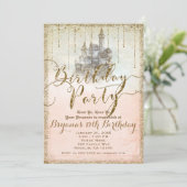 Invitation Château de conte de fées à paillettes dorées Anniv (Debout devant)