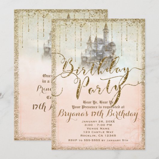 Invitation Château de conte de fées à paillettes dorées pour (Devant / Derrière)