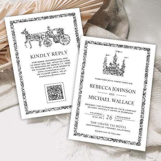 Invitation Château de conte de fées argenté Carrosse Code QR