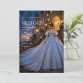 Invitation Château de conte de fées bleu pour Quinceañera (Debout devant)