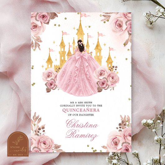 Invitation Château de conte de fées de princesse en or rose Q