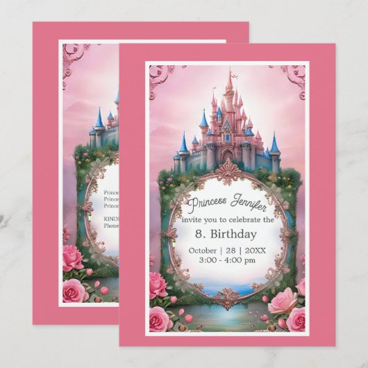 Invitation château de conte de fées de princesse rose (Devant / Derrière)