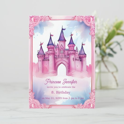 Invitation château de conte de fées de princesse rose (Debout devant)
