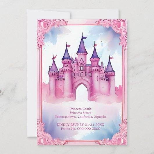 Invitation château de conte de fées de princesse rose (Dos)