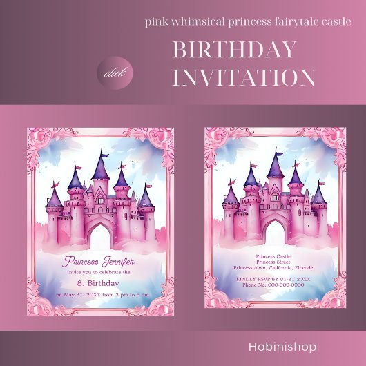 Invitation château de conte de fées de princesse rose