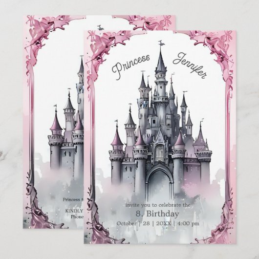 Invitation château de conte de fées de princesse rose (Devant / Derrière)