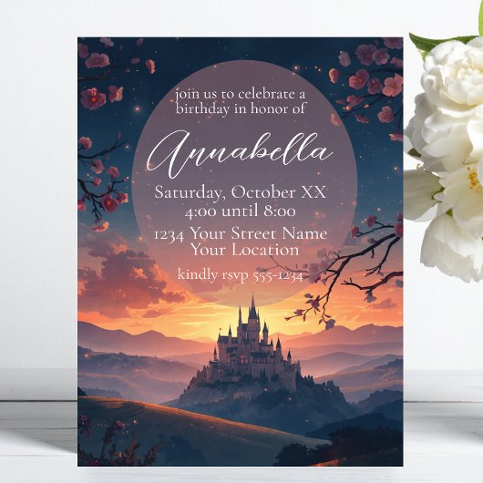 Invitation Château de conte de fées enchanté au coucher du so