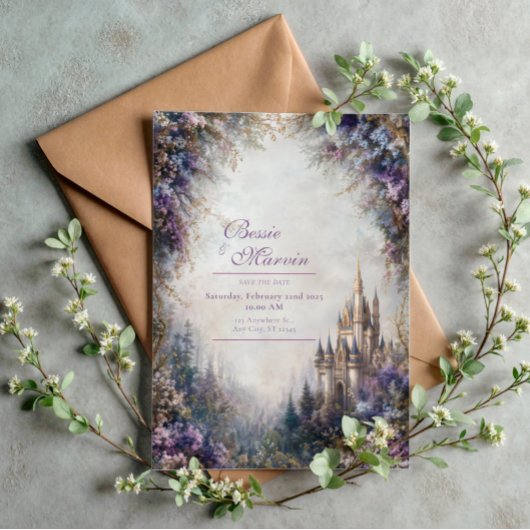 Invitation Château de Conte de Fées Fleurs Violettes Mariage