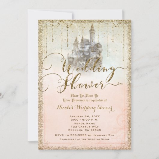 Invitation Château de conte de fées pailleté or mariage douch (Devant)