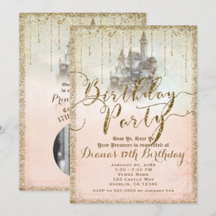 Invitation Château de conte de fées pailleté or pour fête d'a