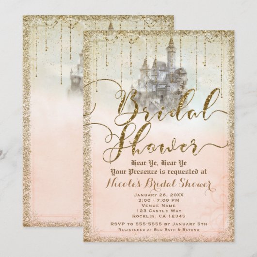 Invitation Château de conte de fées pailleté or Shower de mar (Devant / Derrière)