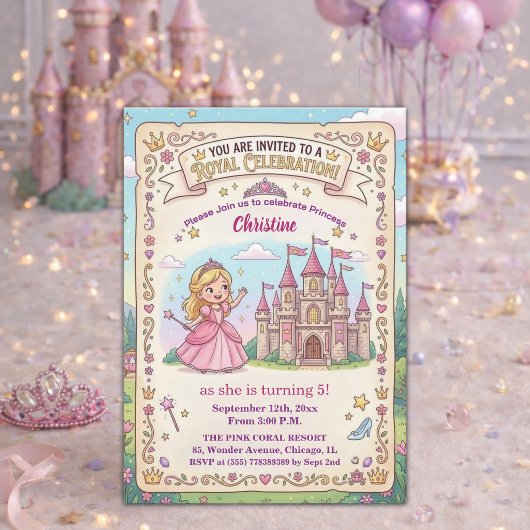 Invitation Château de conte de fées Princesse 5ème Anniversai