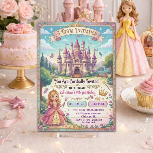 Invitation Château de conte de fées Princesse 9e anniversaire
