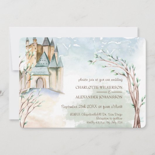 Invitation Château de fée en aquarelle dans la forêt (Devant)