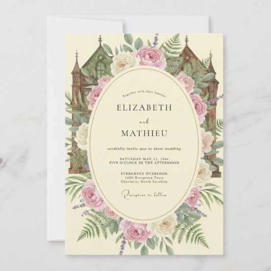 Invitation Château de mariage Crème Rosée Eucalyptus (Devant)