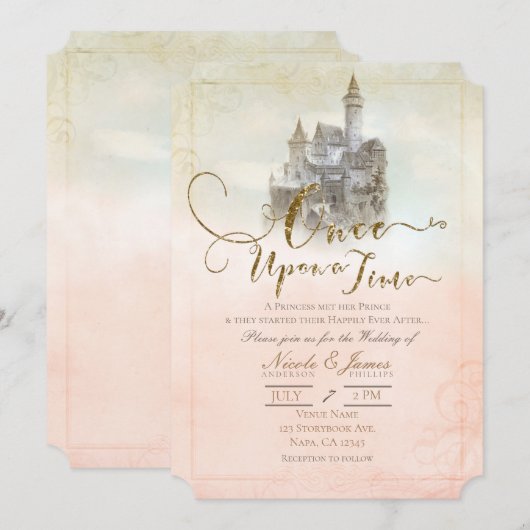 Invitation Château de Mariage de Conte de Fées Rose Rêveur (Devant / Derrière)