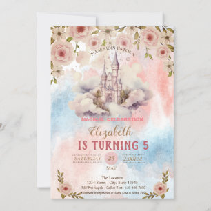 Invitation Château de Princesse Fleurs Aquarelle Splash Anniv