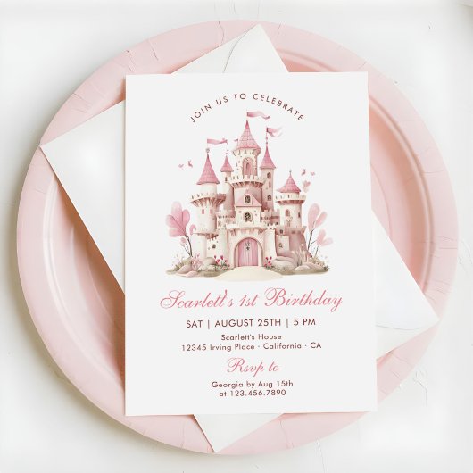 Invitation Château de Princesse Rose Fleurie Fête d'anniversa
