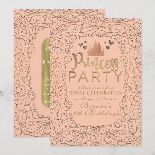 Invitation Château Doré Rouge Pêche FÊTE DE PRINCESSE Anniver (Devant / Derrière)