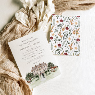 Invitation Château Élégant Manoir Anglais Mariage Aquarelle