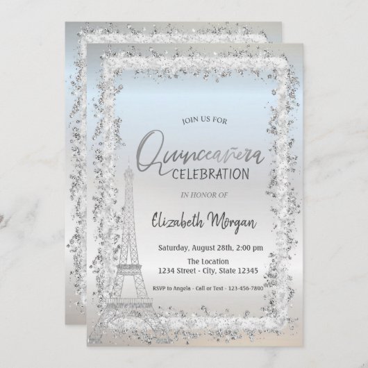 Invitation Château en argent Tour Eiffel Quinceanera en argen (Devant / Derrière)