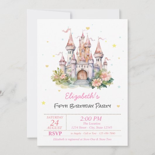 Invitation Château Fleurs Coeurs Conte de Fées (Devant)