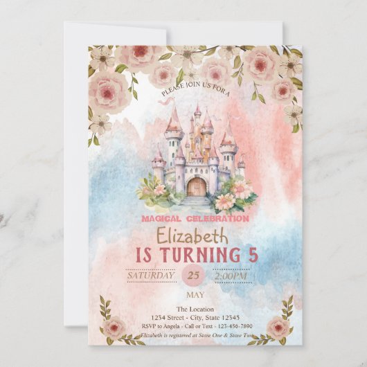 Invitation Château Floral Princess Aquarelle Anniversaire (Devant)