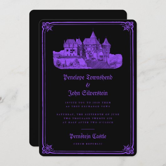 Invitation Château gothique Bordure Noir pourpre Mariage (Devant / Derrière)
