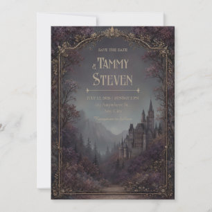 Invitation Château gothique de bois mauve avec bordure dorée
