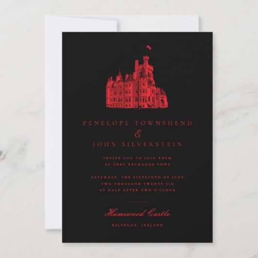 Invitation Château gothique minimaliste Mariage rouge noir (Devant)