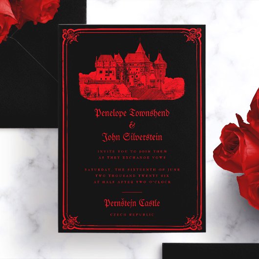 Invitation Château gothique Vampire Bordure Mariage rouge noi
