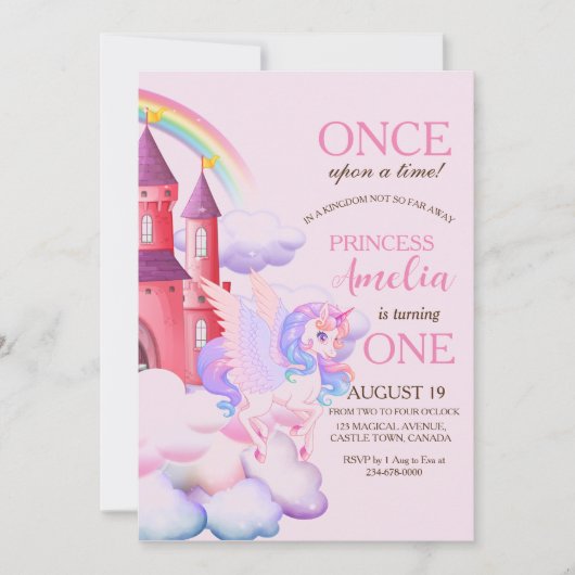 Invitation Château Magique Pink Unicornes 1ère Princesse Anni (Devant)